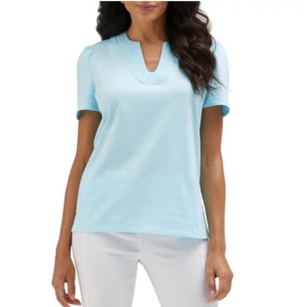 New! Rafaella Women's Short Sleeve Light Blue V-Neck Top Size XL